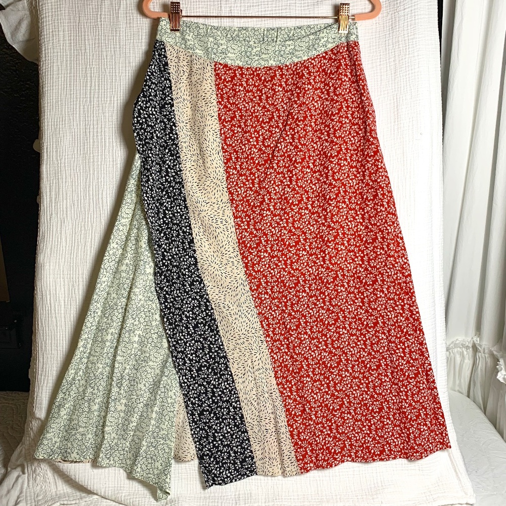 Skies Are Blue Patchwork A-Line Maxi Skirt in Red, Black, Cream, and Light Green
